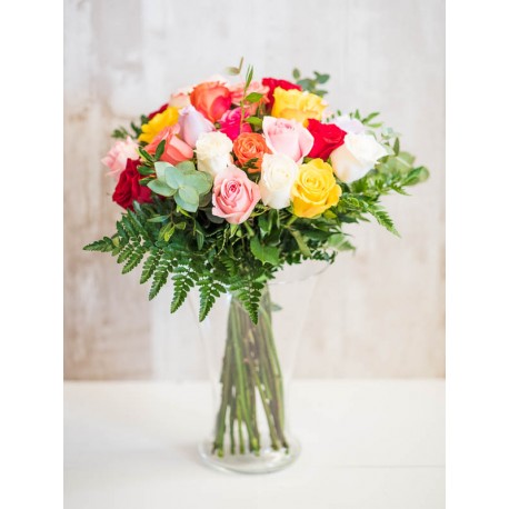24 rosas multicolor de tallo largo